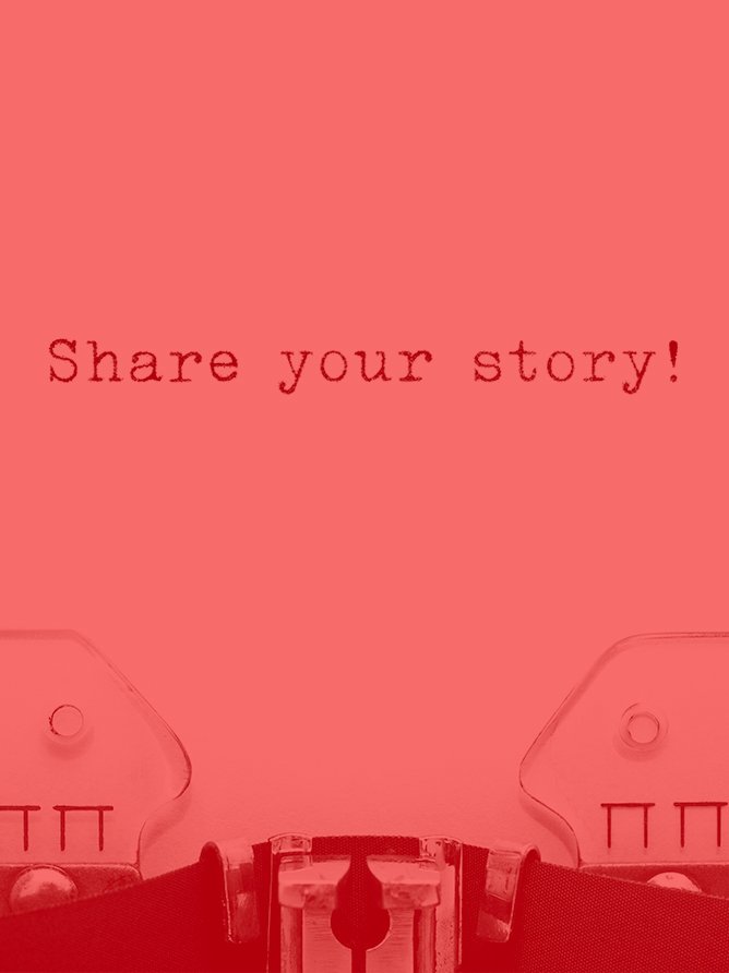 Close-up of a vintage typewriter with a pink overlay, displaying the message 'Share your story!'